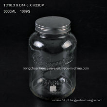 3L de vidro gravado Juice Jar com torneira / Big Capacity Glass Mason Jar com escala